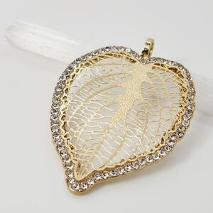 Stunning! Gold Toned Filigree Leaf with Rhinestones Pendant Jewelry 2.5"